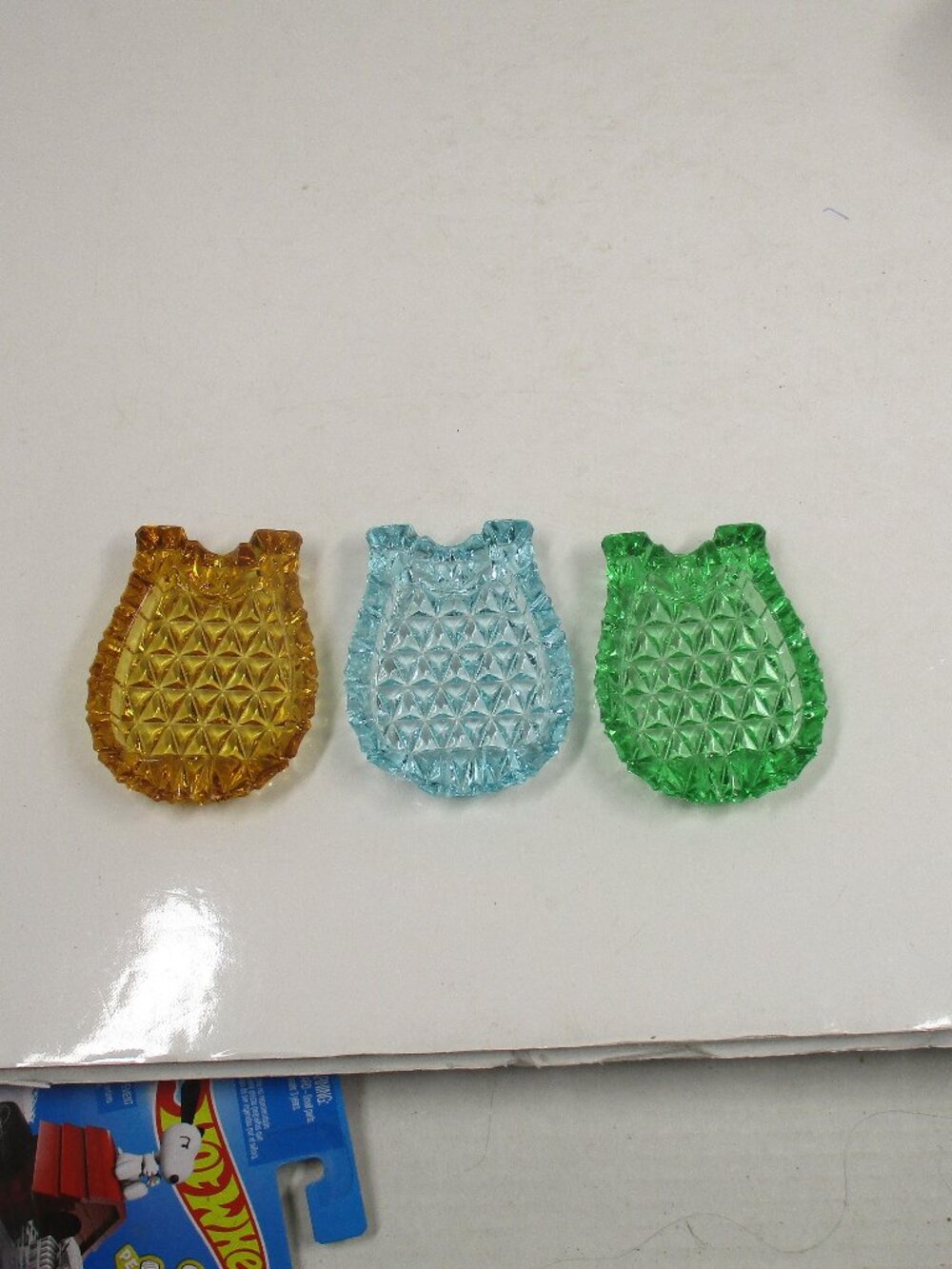 3 Vintage Depression Glass Horseshoe Shaped Ashtray Amber, Green & Turquoise